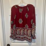 Pleione  Maroon Boho Print V Neck Long Sleeve Blouse S Photo 7