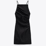 ZARA  Black Linen Sleeveless Ruched Cross Back Cami Camisole Mini Tank Dress M Photo 4