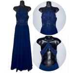 Blondie Nites Dark Blue Open Back‎ Beaded Floor Length Gown Formal Dress Prom Vintage Elegant Photo 1