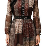 Hommage Women's Patchwork Long Sleeve Mini Dress Size Medium Red Black Tan Photo 0