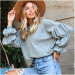 Women’s Boho Chic Wisteria Blue Shirred Long Sleeve Lantern Solid Knit Top Large Size undefined Photo 2