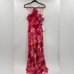 XScape  Women's Floral-Print Rosette Halter Gown Pink Ruffle Dress Photo 2