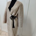 H&M  Cream Beige Faux Fur Suede Lined Coat Black Contrast Waist Tie Size Large Photo 5