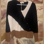 100% Cashmere V Neck Color Block Faux Cardigan Sweater size Large Black Photo 2