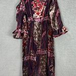 Venus Boho Patchwork Cold Shoulder Dress Large Floral Mixed Print Sheer Festival Purple Photo 2