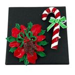 Vintage 1950s Christmas Poinsettia and Candy Cane Enamel Brooch Lot Red Photo 1