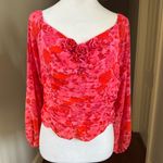 Free People  Ooh LaLa Pink Red Floral boho smocked chiffon Blouse Photo 2