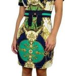 Vintage Liva Emerald Green & Gold Chain Print Regal Mini Shift Dress Small Photo 0