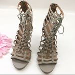 Joie  Rhoda Cage Suede Leather Stiletto Heeled Sandals: Dove/Taupe Photo 4