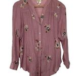 Anthropologie Fig & Flower Pink Blouse S Floral Embroidered Roll Tab V Neck Button Front Photo 0