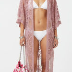love on a hanger  Rose Pink Sheer Lace Open Front Duster Swim Cover M/L Photo 0
