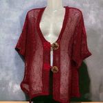 Katie Todd Cardigan Sweater M Medium Lagenlook Boxy Asymmetric Hem Open Knit Art Red Photo 0