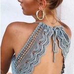 Boho Prairie Dusty Blue Crochet Backless Western Party Mini Ruffle Hem Dress M Size M Photo 1