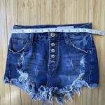 Papaya High Rise Kylie destroyed Blue Denim Jean Shorts Button Fly Raw Hem Small Photo 5
