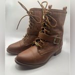 Bebe Women’s Brown Ankle Boot Side Gold Buckle. Size 8.5. Booties. Side zip. Photo 1