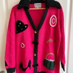 Vintage Berek Cardigan Fun Shopping Theme Pearls Purse Girlfriend Hot Pink XL Photo 0