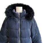 Loft Coat Blue Faux Fur Detachable Hood Crushed Velvet Puffer Quilted Coat Small Photo 3