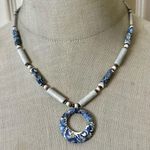 Vintage Blue & White Ceramic Bead Necklace with Donut Pendant Photo 0