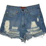 SIGNATURE 8 Women’s Sm Distressed High Rise Booty Blue Denim Jean Cutoff Shorts Photo 0
