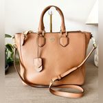 Tory Burch Robinson Pebbled Leather Square Tote in Tigers Eye (Tan) - EUC Photo 0