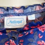 Vintage National Robe Size L Royal Blue Flroal Snap Front Velvet House Coat Rare Photo 6