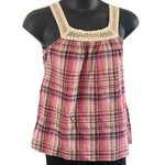 Lovers Rock Juniors Plaid Sleeveless Tank Top Size Large, Crochet Trim Tie Waist Brown Photo 2