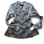 Alfred Dunner Vintage  Gunmetal Gray Metallic Satin Button Up Blouse Photo 0