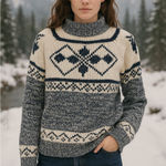 Vintage Nordic Snowflake Fair Isle Sweater XL Blue White Chunky Knit Winter Photo 0