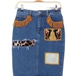 Jeremy Scott Abstract Patched Western Fringe Denim Pencil Skirt Size 4 NEW $705 Blue Photo 0