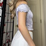 White Fawn  | Lavender Purple Ruched Off-The-Shoulder Velvet Lettuce-Hem Crop Top Photo 1