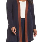 Eileen Fisher New Long Knit Navy Contrast Trim Side Slit Cardigan Large Petite Photo 0
