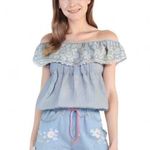 Blue Rain  Eyelet Blue Stripe Floral Coquette Off the Shoulder Shirt Photo 0