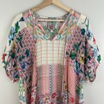 Johnny Was Light Pink White Floral Plaid Multicolor Zadie Satin Tassel Tunic Top Photo 3