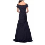 La Femme New Navy Beaded Off the Shoulder Sweetheart Ruched Satin Mermaid Gown Photo 1