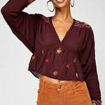 Free People Ava Embroidered V-Neck Pullover Top M Photo 0