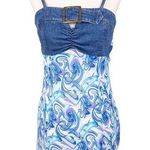Metro Vintage Y2K Style Stretch Denim Buckle Tank Blue Purple Printed Scarf Top Photo 0