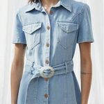 Nanushka Dress Denim Short Sleeve 80s Wash Blue Belted Mini‎ Dress M Size M Photo 0
