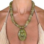 Green African glass bead with ceramic hand painted Buddha necklace Photo 0