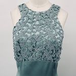 Vintage 90s Satin Gown Fit & Flare Floral Lace Bodice Bow Back Mint Green Blue 4 Photo 2