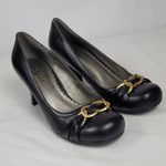 Candie's  Black Faux Leather Chunky Kitten Heels Pump With Gold Chain Bow Sz 8 M Photo 10