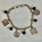 Vintage Italian Sterling Silver 925 Charm Bracelet – Chinese Symbols & Black Bea Photo 0