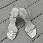 Metaphor  Sienna Heel Open Toe Heels Strappy Silver Metallic Snake Print Sandals Photo 1
