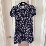 Sail To Sable  Autumn Leaf Print Puff Sleeve Shirt Dress - Hydrangea/Navy Size L Photo 1