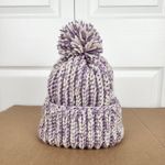 Crochet Handmade Chunky Ribbed Beanie Cream Purple Pompom Warm Hat Cap Photo 5