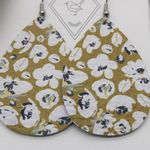 Handmade Lightweight Genuine Leather White Poppies on Mustard Teardrop Earrings Photo 4