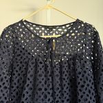 J.Crew Eyelet Top Blouse Womens XXL Navy Blue Long Sleeve Tie Neck New Photo 4
