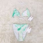 Good American  Green White‎ Tie-Dye String Triangle Bikini Set Size 2 Medium New Photo 1