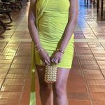 Club L London Lime Green  Ruched Asymmetric Mini Dress with Attached Scarf Photo 2