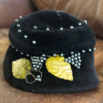 None Vintage Elegant Black Velvet Hat with Beaded Details leaves wool Photo 0