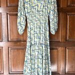 Skemo Blue Yellow Long Dress Beaded V Neck Ruffle Hem Size Small Maxi Tiered Photo 0